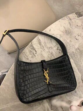Saint Laurent Black Croc-Embossed Shoulder Bag with Gold YSL Hardware